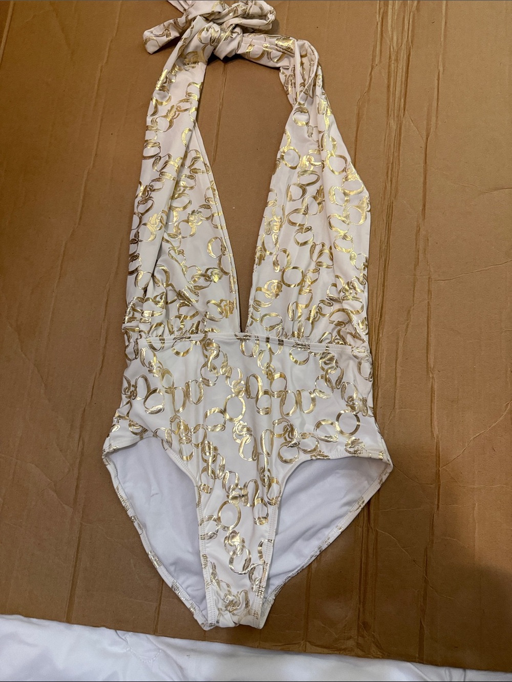 White Halter One-Piece Swimsuit with Gold Print
